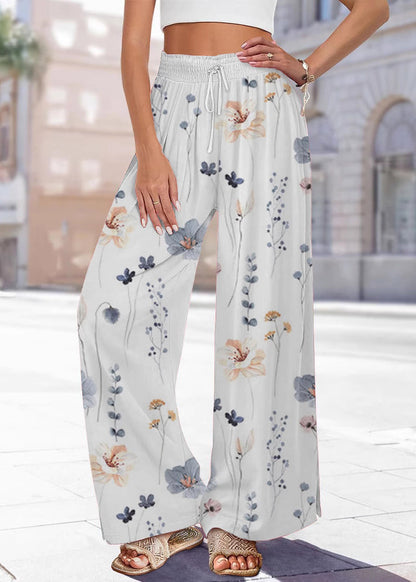 Handmade Blue Print Elastic Waist Wide Leg Pants Summer