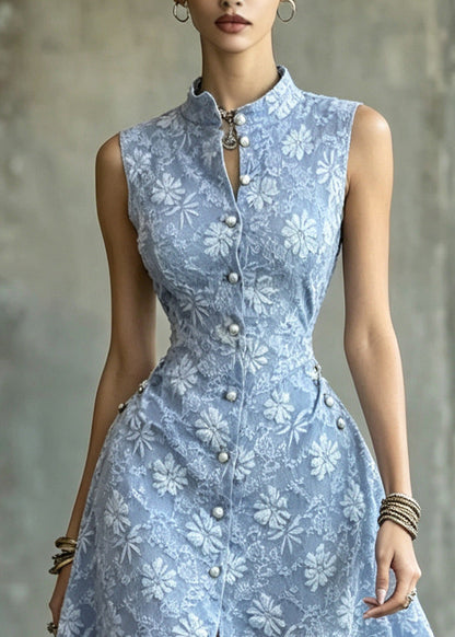 Handmade Blue Stand Collar Jacquard Cotton Dresses Sleeveless