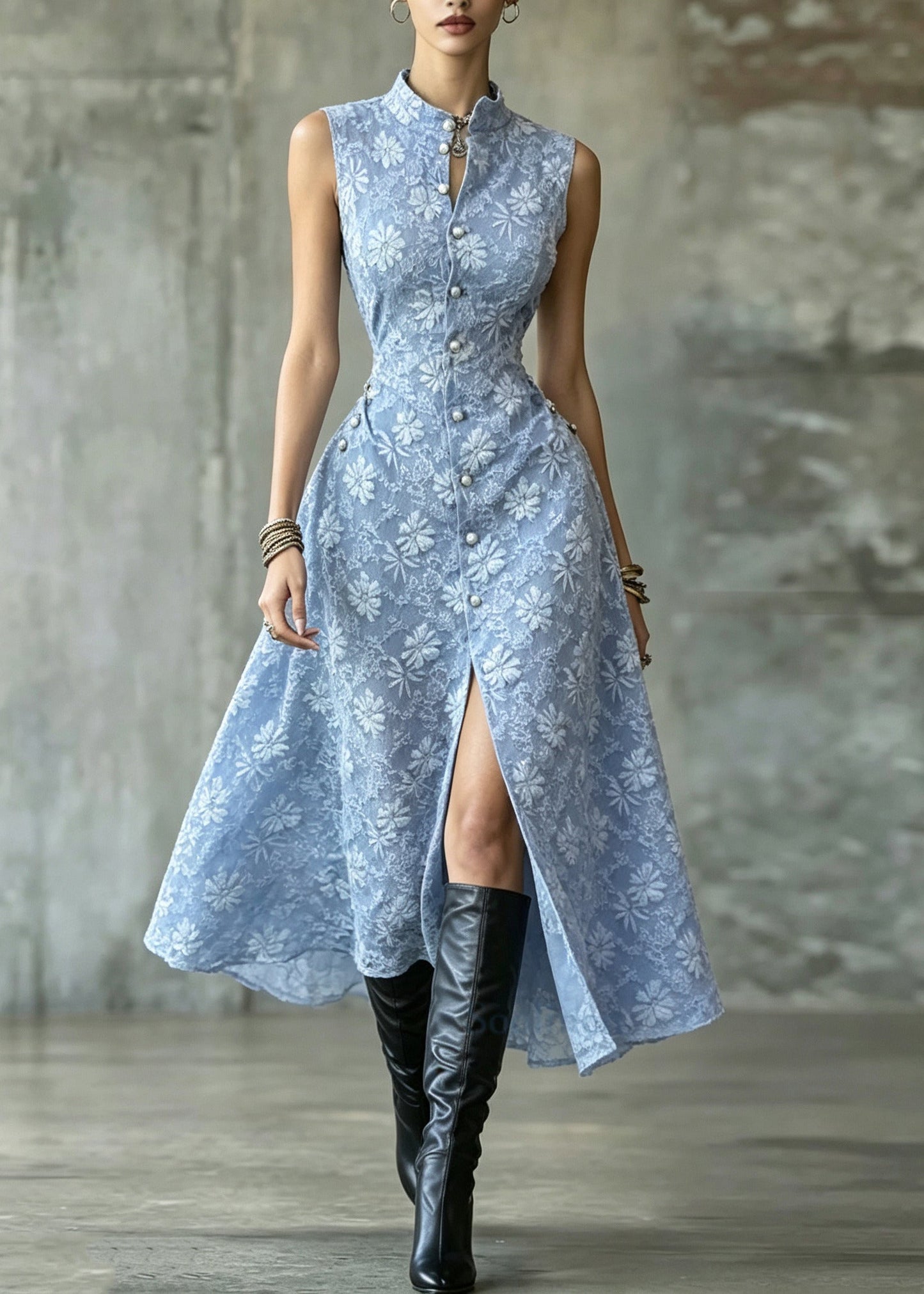 Handmade Blue Stand Collar Jacquard Cotton Dresses Sleeveless