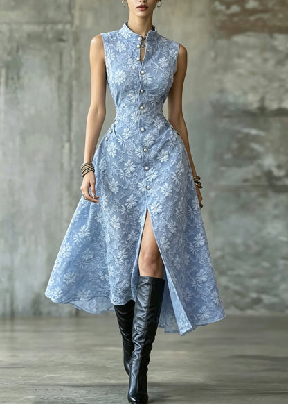 Handmade Blue Stand Collar Jacquard Cotton Dresses Sleeveless