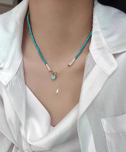 Handmade Blue Sterling Silver Overgild Turquoise Pearl Lariat Necklace