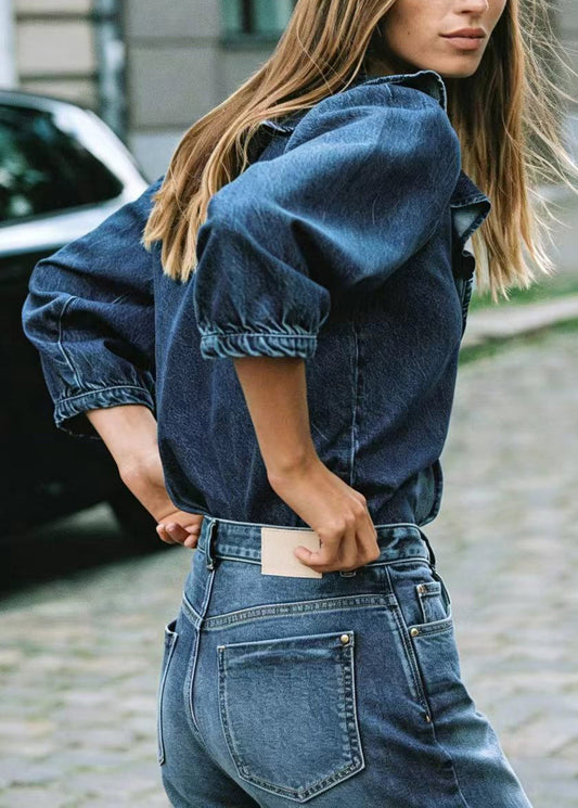 Handmade Blue V Neck Ruffled Denim Shirt Tops Long Sleeve