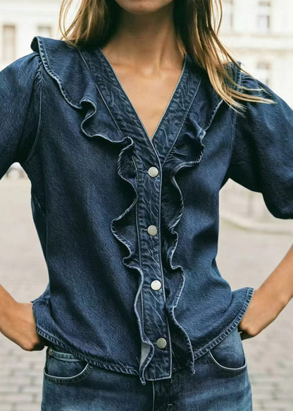 Handmade Blue V Neck Ruffled Denim Shirt Tops Long Sleeve