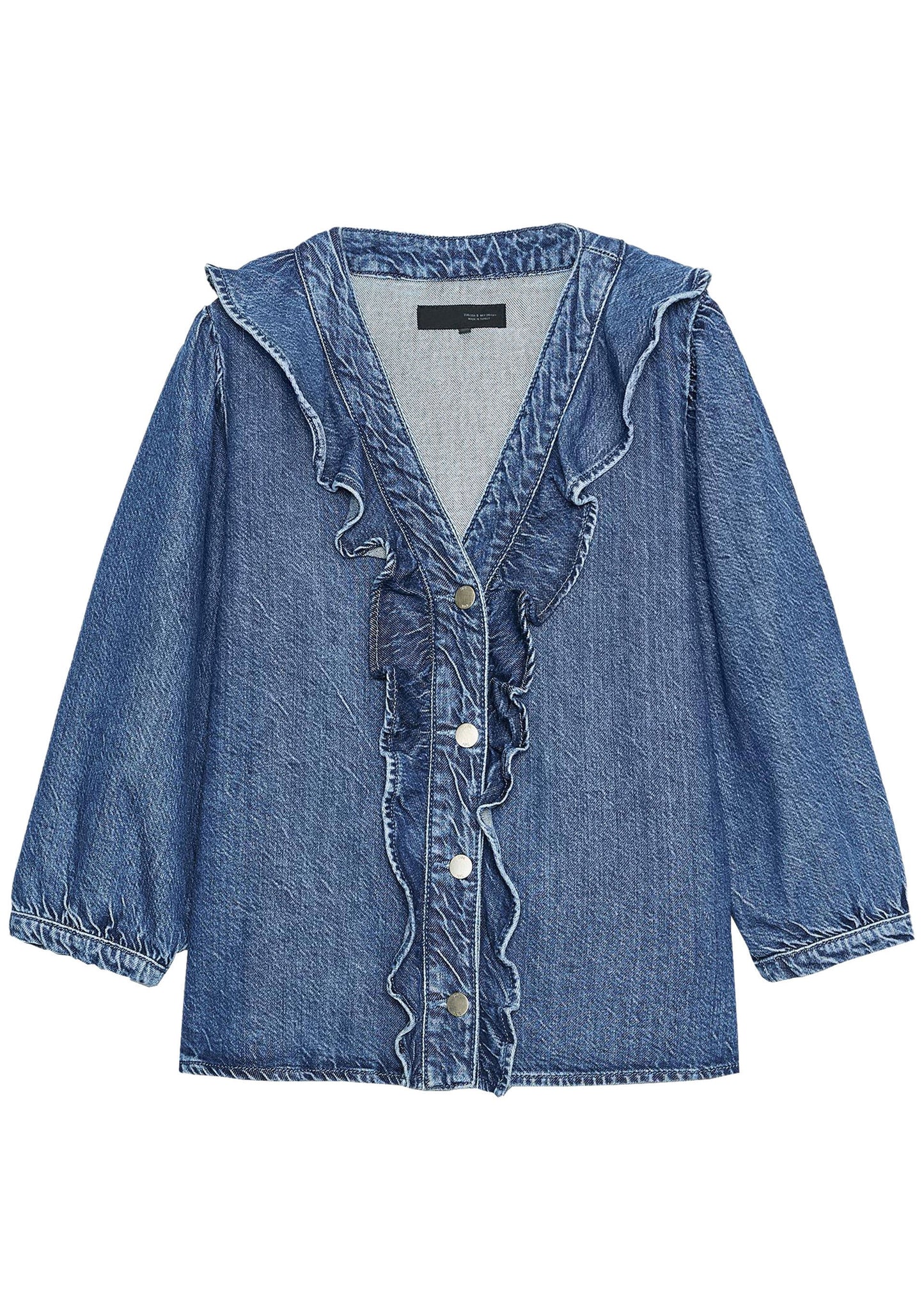 Handmade Blue V Neck Ruffled Denim Shirt Tops Long Sleeve