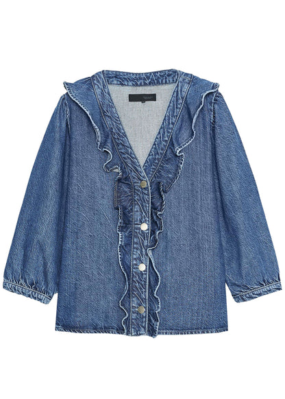 Handmade Blue V Neck Ruffled Denim Shirt Tops Long Sleeve
