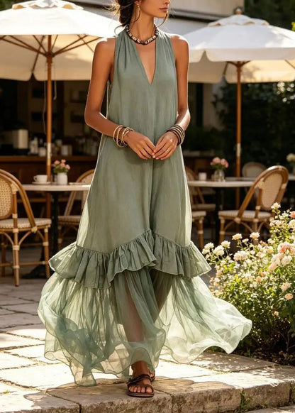 Handmade Blue V Neck Ruffled Maxi Dress Summer