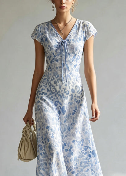 Handmade Blue V Neck Tie Lace Print Maxi Dress Short Sleeve