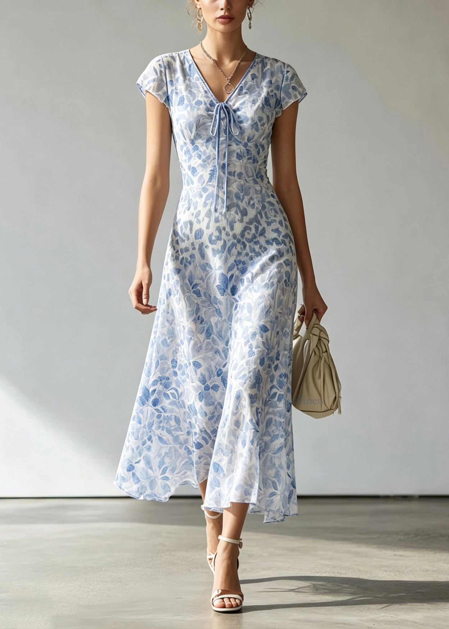 Handmade Blue V Neck Tie Lace Print Maxi Dress Short Sleeve