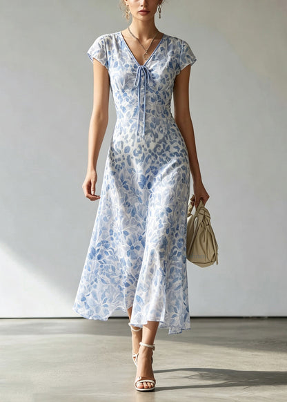 Handmade Blue V Neck Tie Lace Print Maxi Dress Short Sleeve