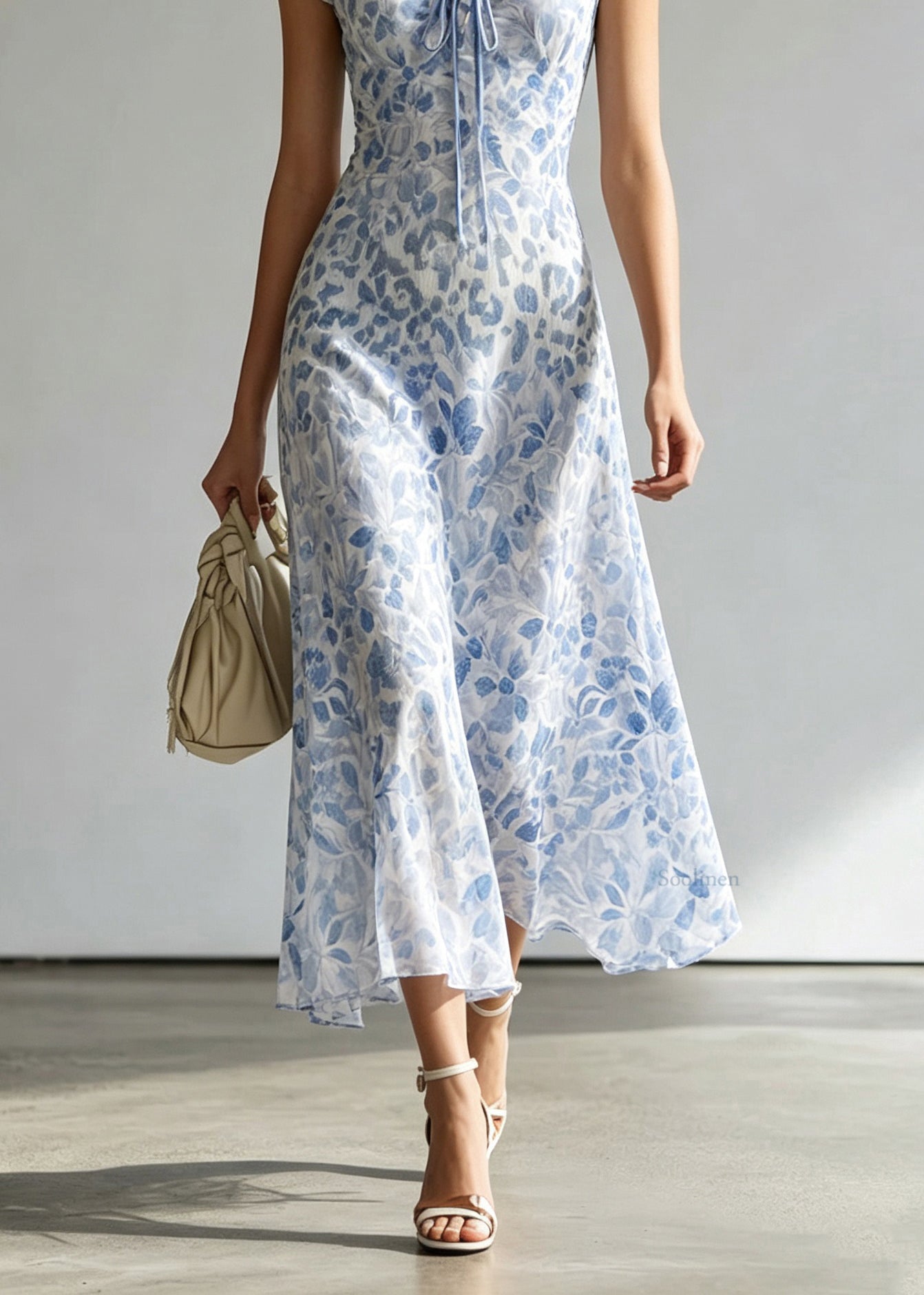 Handmade Blue V Neck Tie Lace Print Maxi Dress Short Sleeve