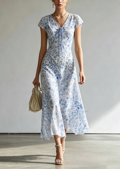 Handmade Blue V Neck Tie Lace Print Maxi Dress Short Sleeve