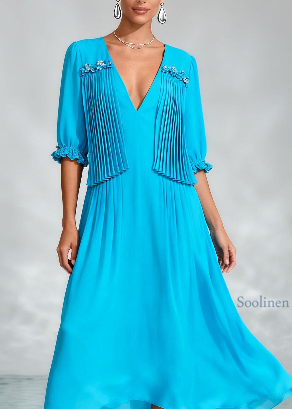 Handmade Blue V Neck Wrinkled Patchwork Chiffon Dress Summer
