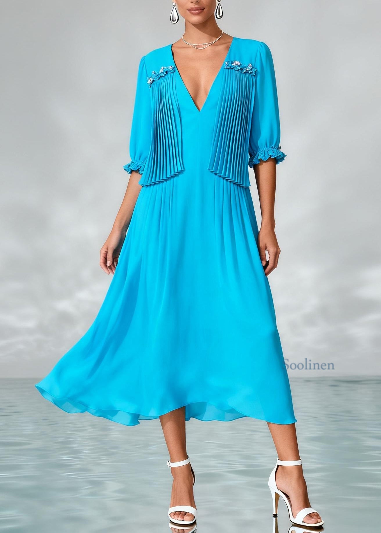 Handmade Blue V Neck Wrinkled Patchwork Chiffon Dress Summer