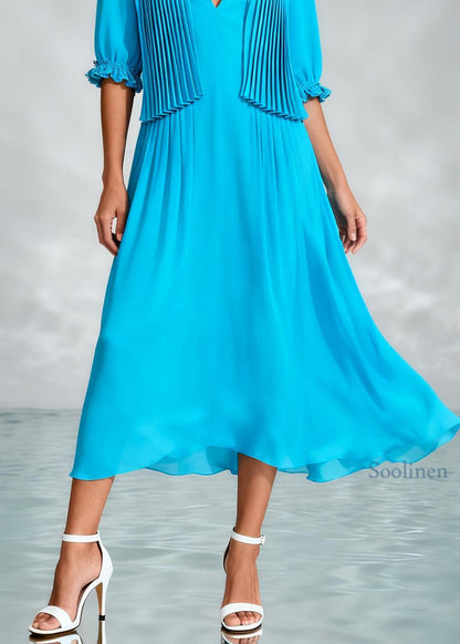 Handmade Blue V Neck Wrinkled Patchwork Chiffon Dress Summer