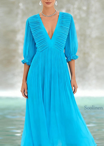 Handmade Blue V Neck Wrinkled Patchwork Chiffon Maxi Dress Summer