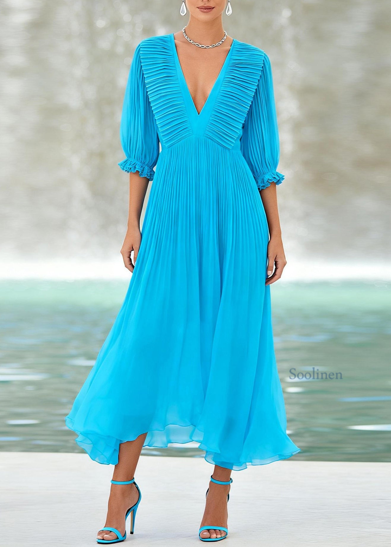Handmade Blue V Neck Wrinkled Patchwork Chiffon Maxi Dress Summer