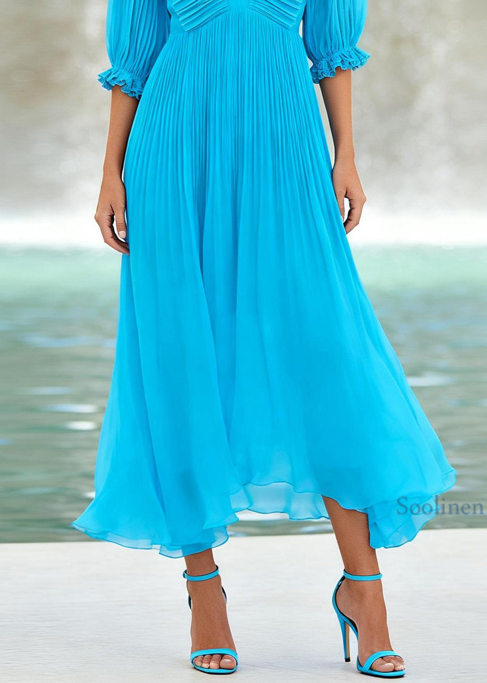 Handmade Blue V Neck Wrinkled Patchwork Chiffon Maxi Dress Summer