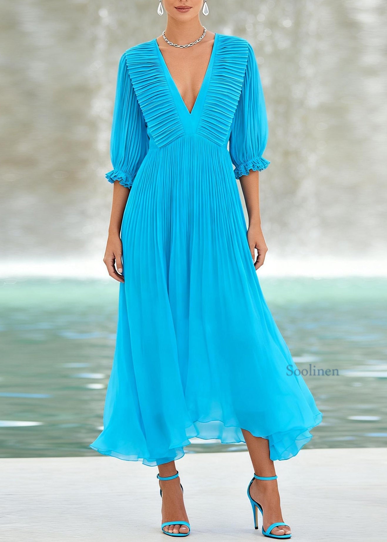 Handmade Blue V Neck Wrinkled Patchwork Chiffon Maxi Dress Summer