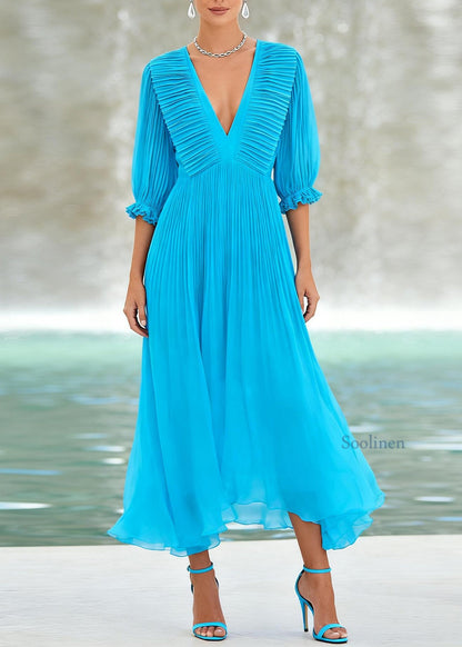 Handmade Blue V Neck Wrinkled Patchwork Chiffon Maxi Dress Summer