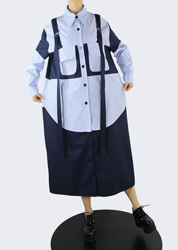 Handgemachte blaue Taschen Peter Pan Kragen gestreift Patchwork Hemd Kleider Frühling