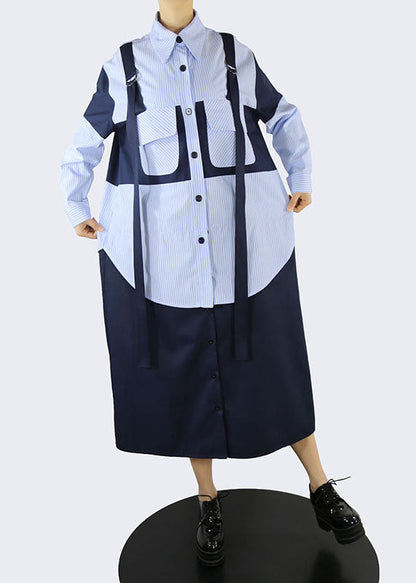 Handgemachte blaue Taschen Peter Pan Kragen gestreift Patchwork Hemd Kleider Frühling