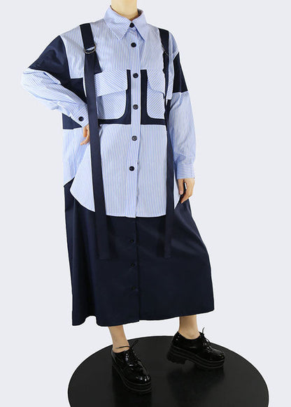 Handgemachte blaue Taschen Peter Pan Kragen gestreift Patchwork Hemd Kleider Frühling