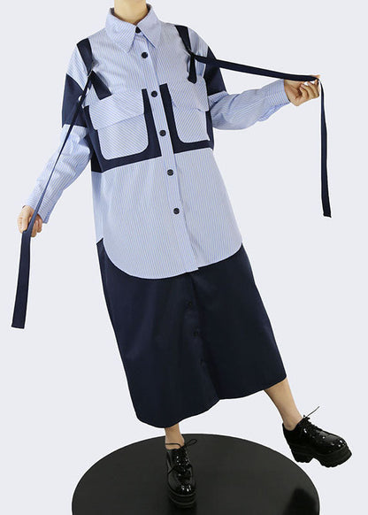 Handgemachte blaue Taschen Peter Pan Kragen gestreift Patchwork Hemd Kleider Frühling