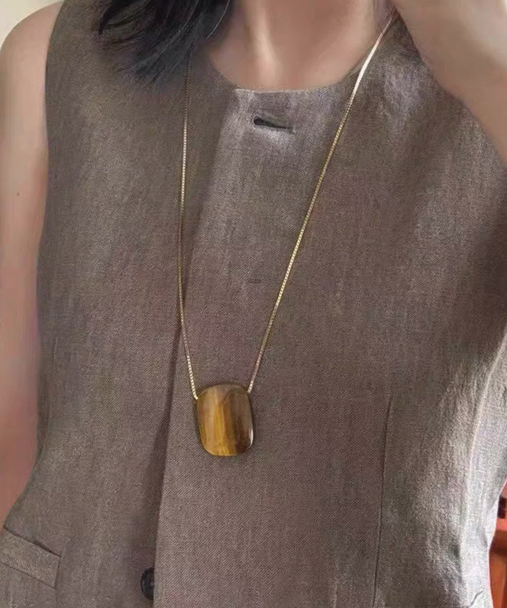 Handmade Brown Alloy Square Tiger's Eye Pendant Necklace