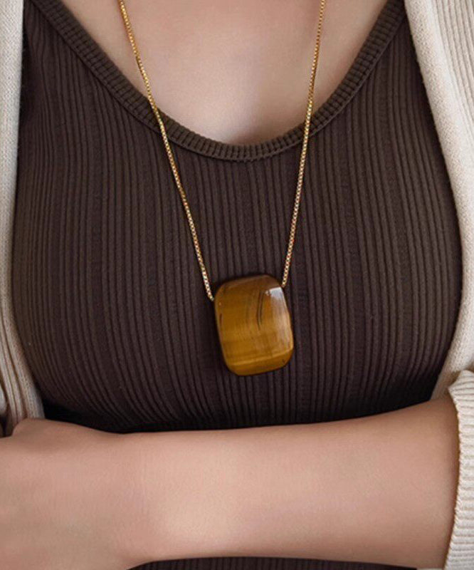 Handmade Brown Alloy Square Tiger's Eye Pendant Necklace