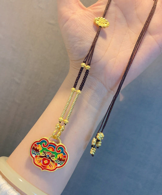 Collar con colgante de borla esmaltado en oro antiguo marrón hecho a mano