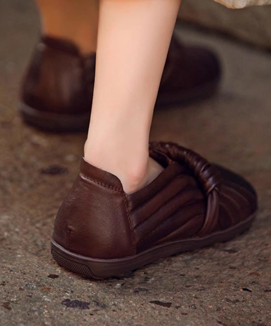 Handmade Brown Cowhide Leather Splicing Flat Shoes