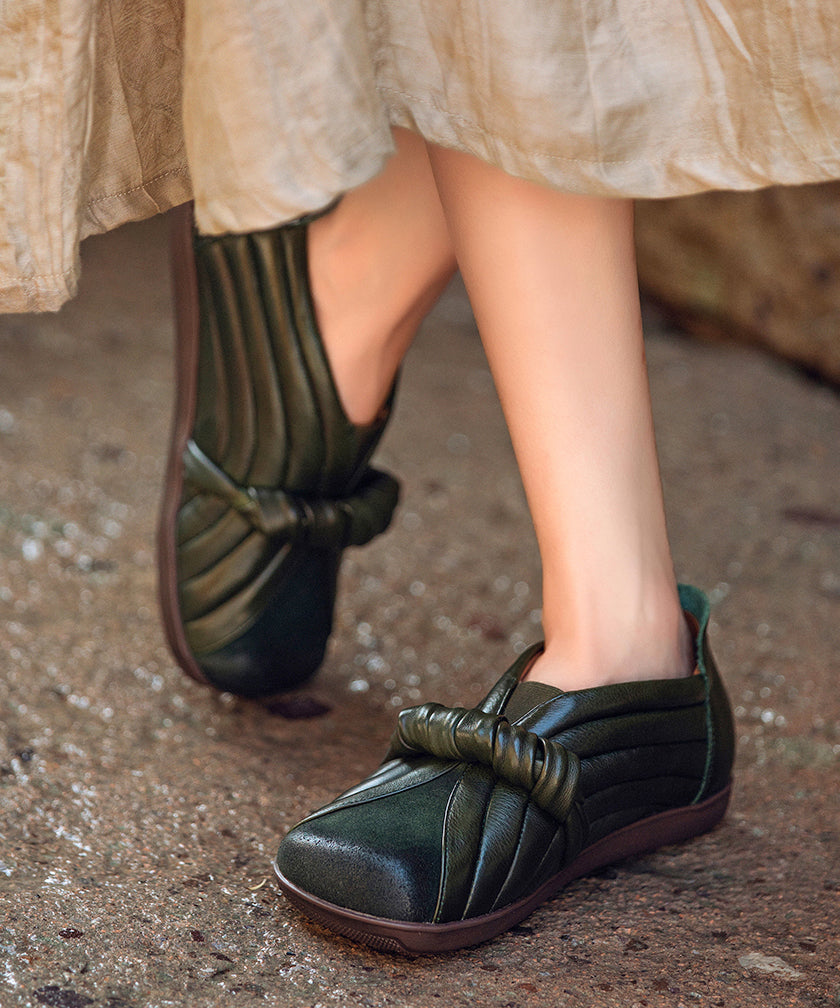 Handmade Brown Cowhide Leather Splicing Flat Shoes