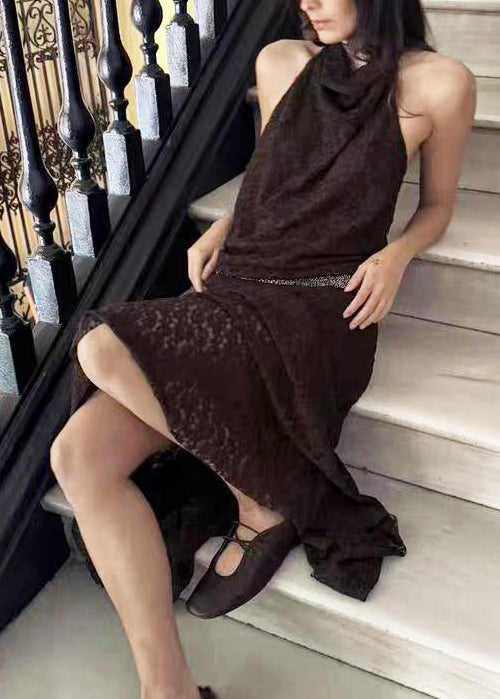 Handmade Brown Halter Backless Lace Maxi Dresses Summer