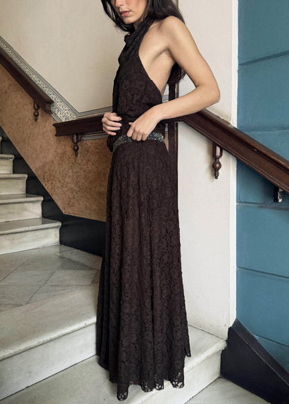 Handmade Brown Halter Backless Lace Maxi Dresses Summer