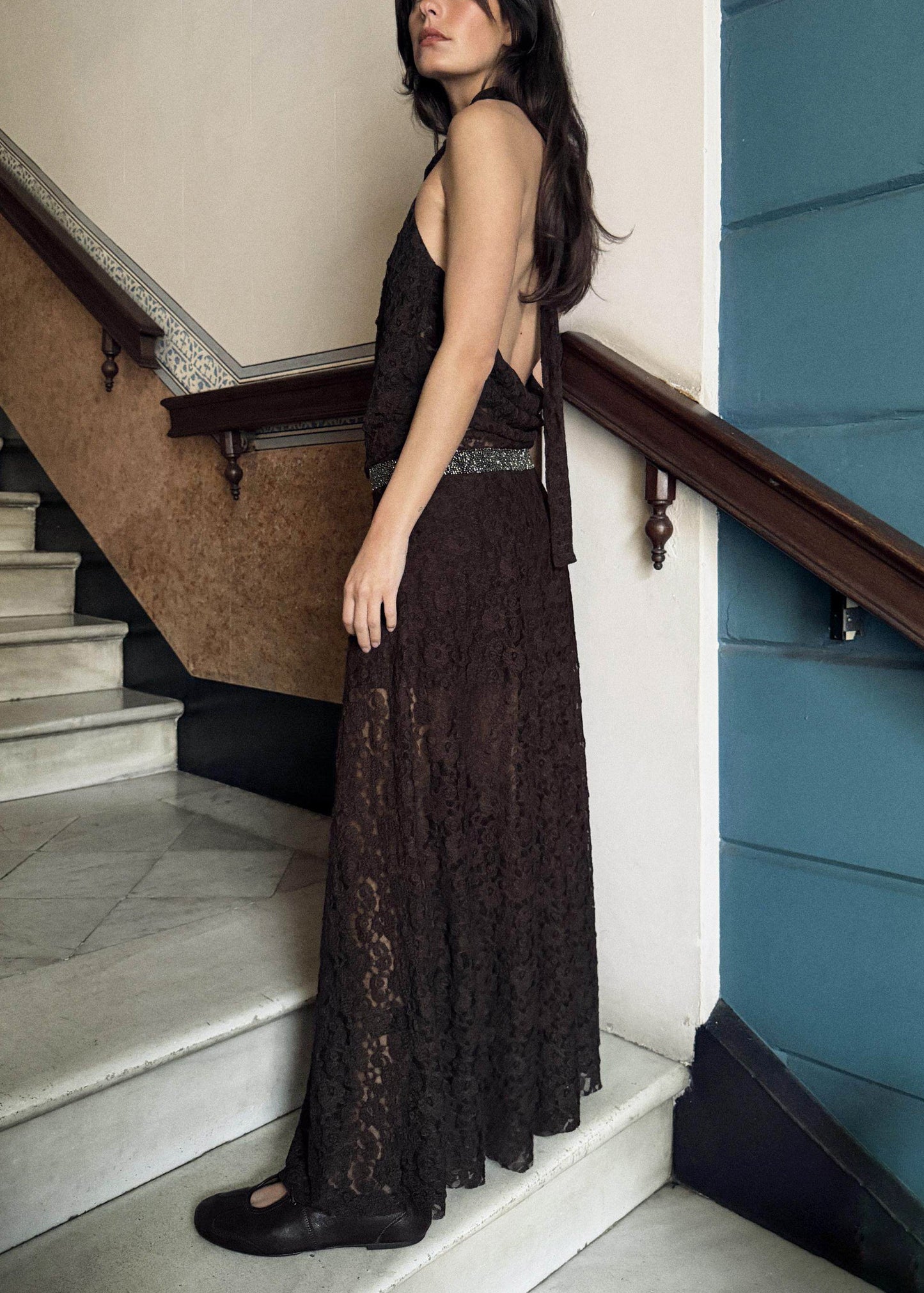 Handmade Brown Halter Backless Lace Maxi Dresses Summer
