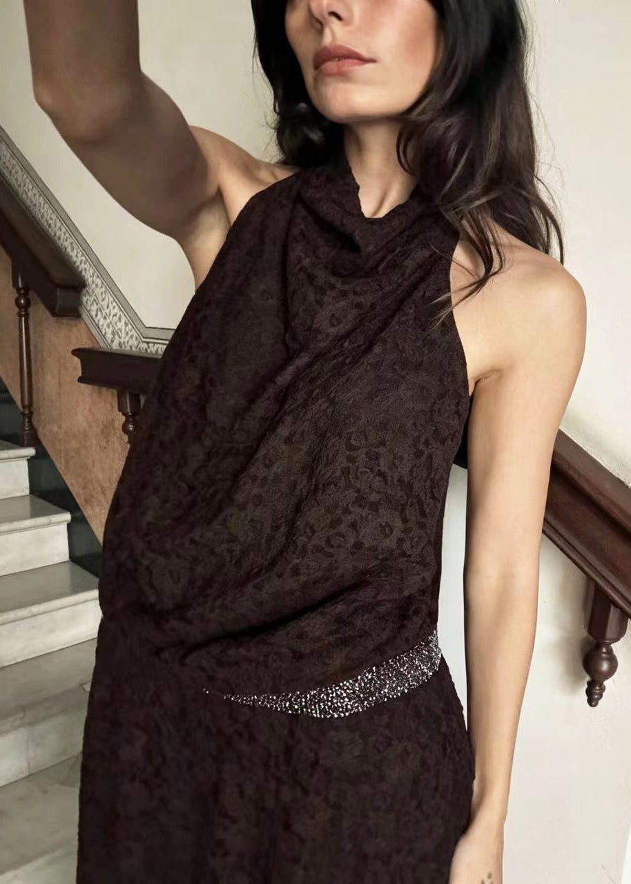 Handmade Brown Halter Backless Lace Maxi Dresses Summer
