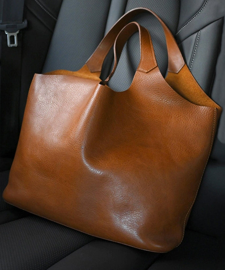 Bolso de hombro de piel de becerro marrón de gran capacidad hecho a mano