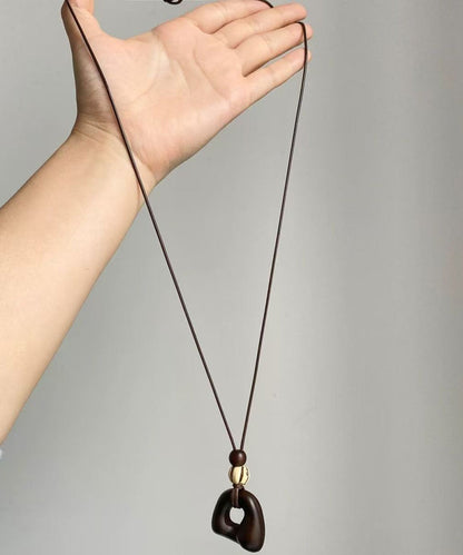 Handmade Brown Leather Patchwork Wooden Hollow Out Pendant Necklace
