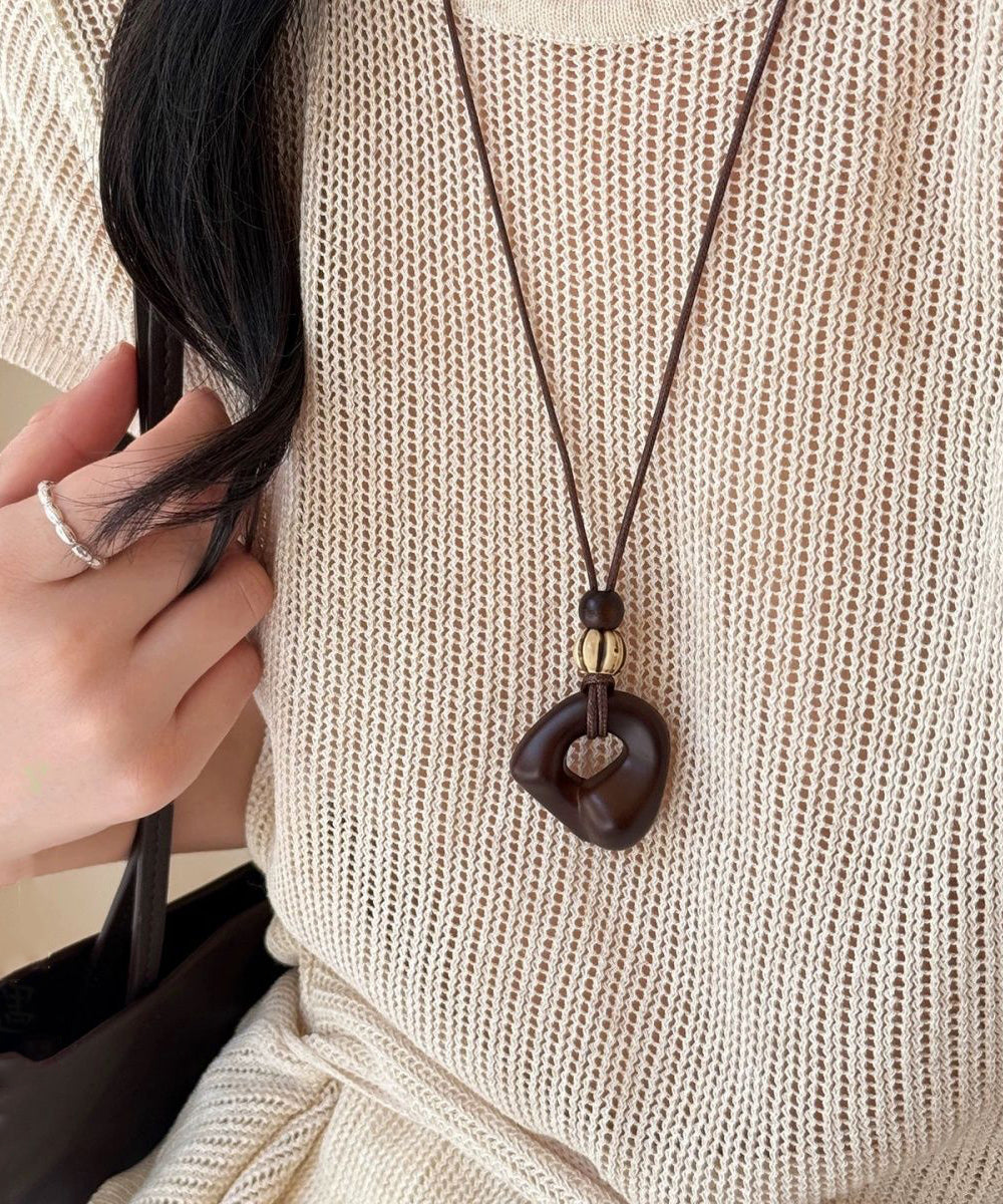 Handmade Brown Leather Patchwork Wooden Hollow Out Pendant Necklace