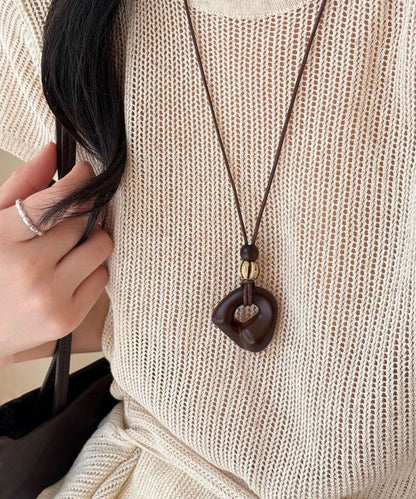 Handmade Brown Leather Patchwork Wooden Hollow Out Pendant Necklace