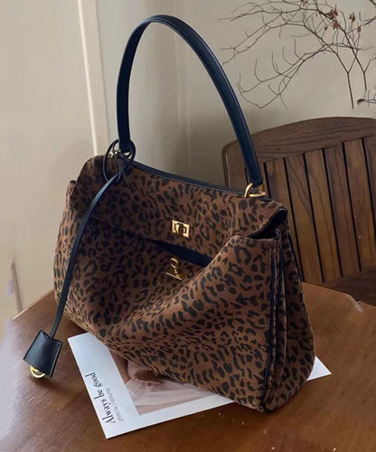 Handgefertigte braune Schultertaschen aus Wildleder mit Leopardenmuster und großem Fassungsvermögen