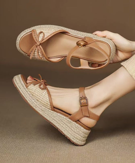 Handmade Brown Sandals Splicing Bow Wedge Sandals