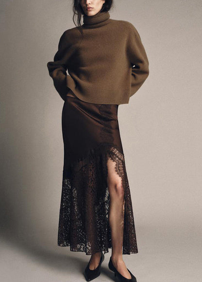 Handmade Brown Side Open Patchwork Lace Skirts Summer