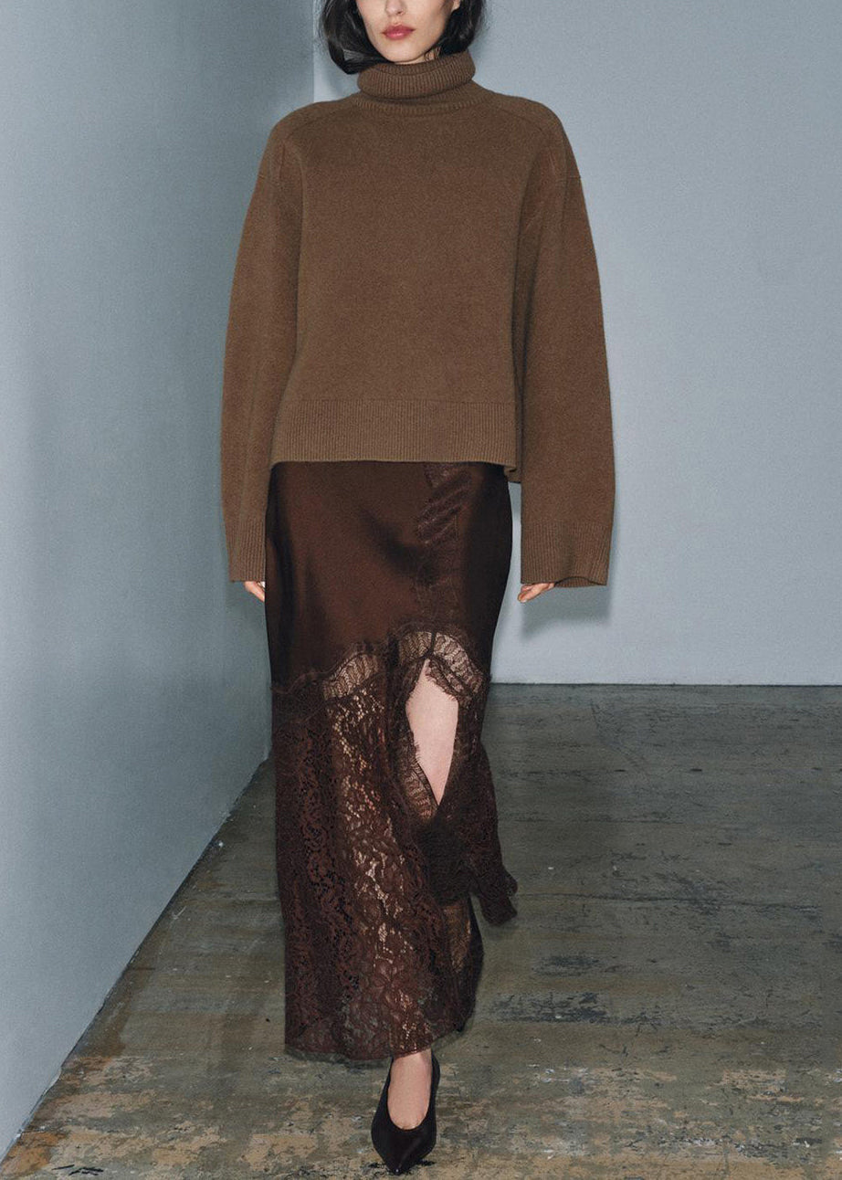 Handmade Brown Side Open Patchwork Lace Skirts Summer