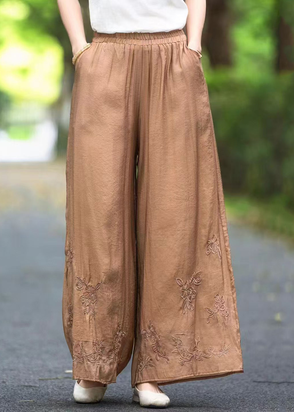 Handmade Brown Solid Elastic Waist Pockets Silk Pants Summer