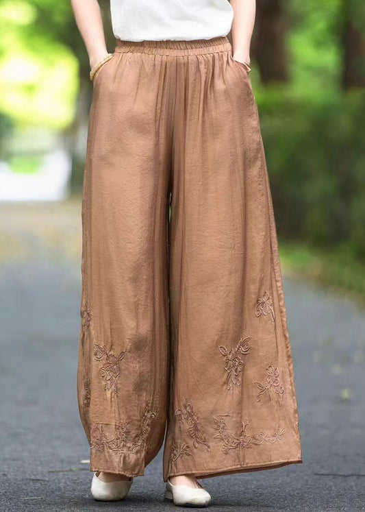 Handmade Brown Solid Elastic Waist Pockets Silk Pants Summer