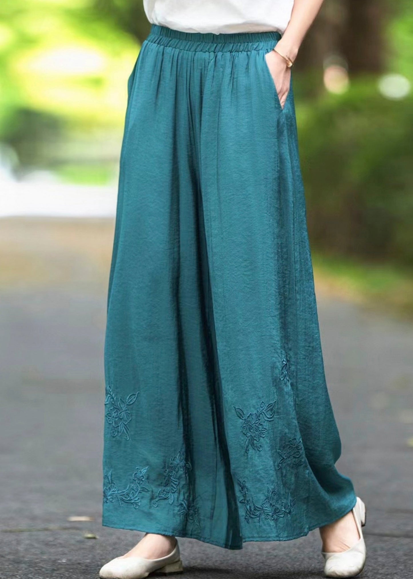 Handmade Brown Solid Elastic Waist Pockets Silk Pants Summer