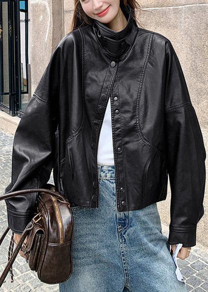 Handgefertigte, braune, übergroße Kunstledermäntel mit Stehkragen für den Frühling