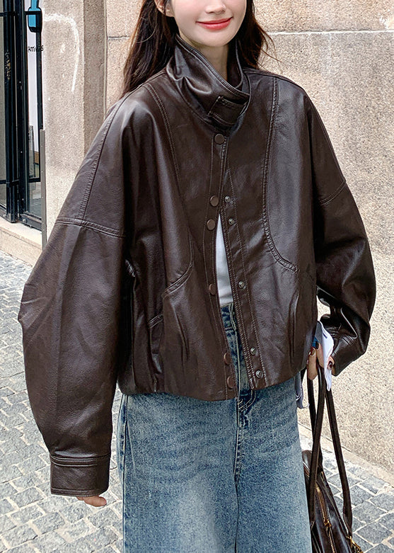 Handgefertigte, braune, übergroße Kunstledermäntel mit Stehkragen für den Frühling