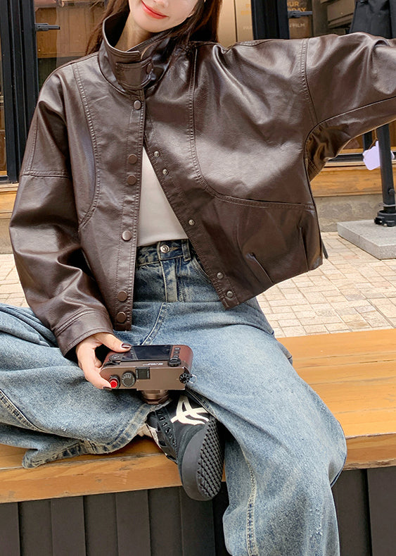 Handgefertigte, braune, übergroße Kunstledermäntel mit Stehkragen für den Frühling